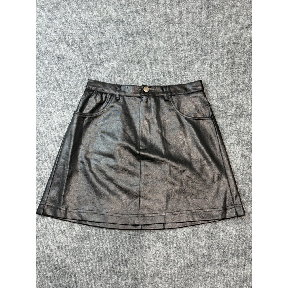 Vintage Y2K Arjun Black Faux Leather A Line‎ Mini Skirt Size 26 Small NEW